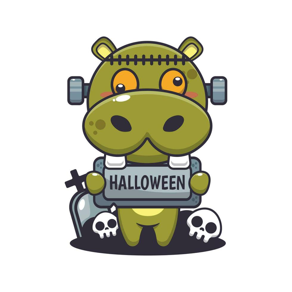 Zombie Nilpferd halten Halloween Gruß Stein. süß Halloween Karikatur Illustration. vektor