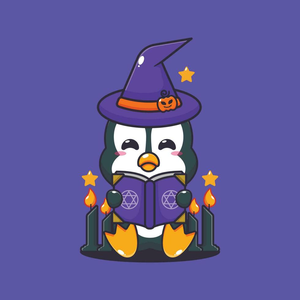 Hexe Pinguin lesen buchstabieren Buch. süß Halloween Karikatur Illustration. vektor