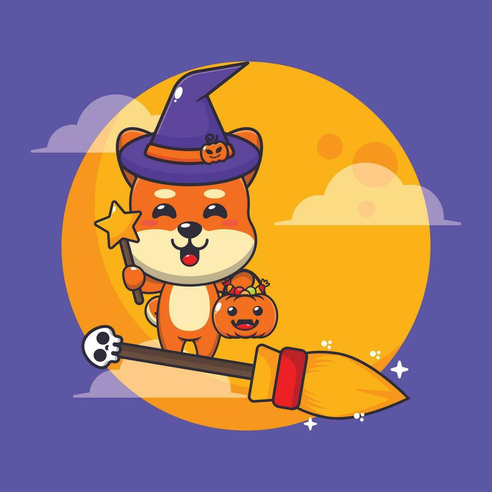 häxa shiba inu flyga med kvast i halloween natt. söt halloween tecknad serie illustration. vektor