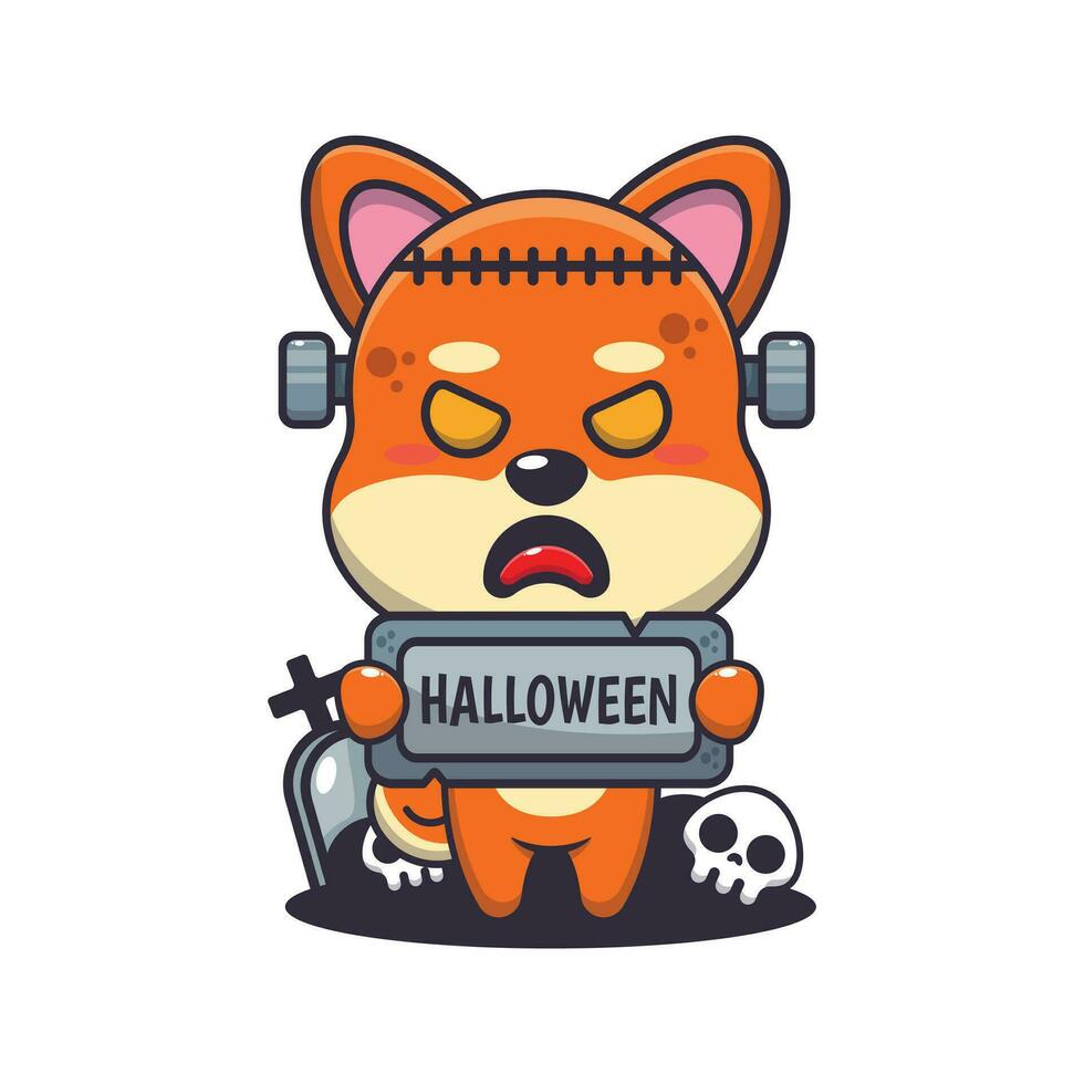 zombie shiba inu innehav halloween hälsning sten. söt halloween tecknad serie illustration. vektor