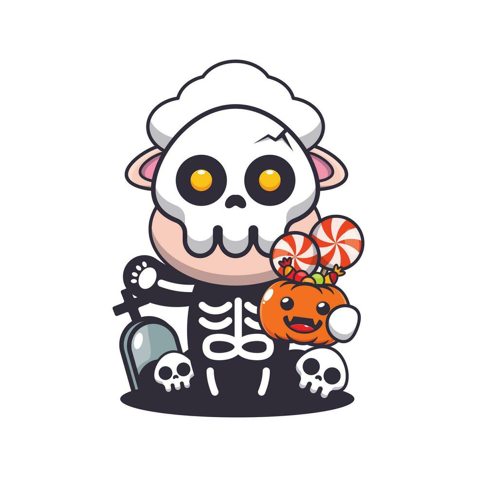 Schaf mit Skelett Kostüm halten Halloween Kürbis. süß Halloween Karikatur Illustration. vektor