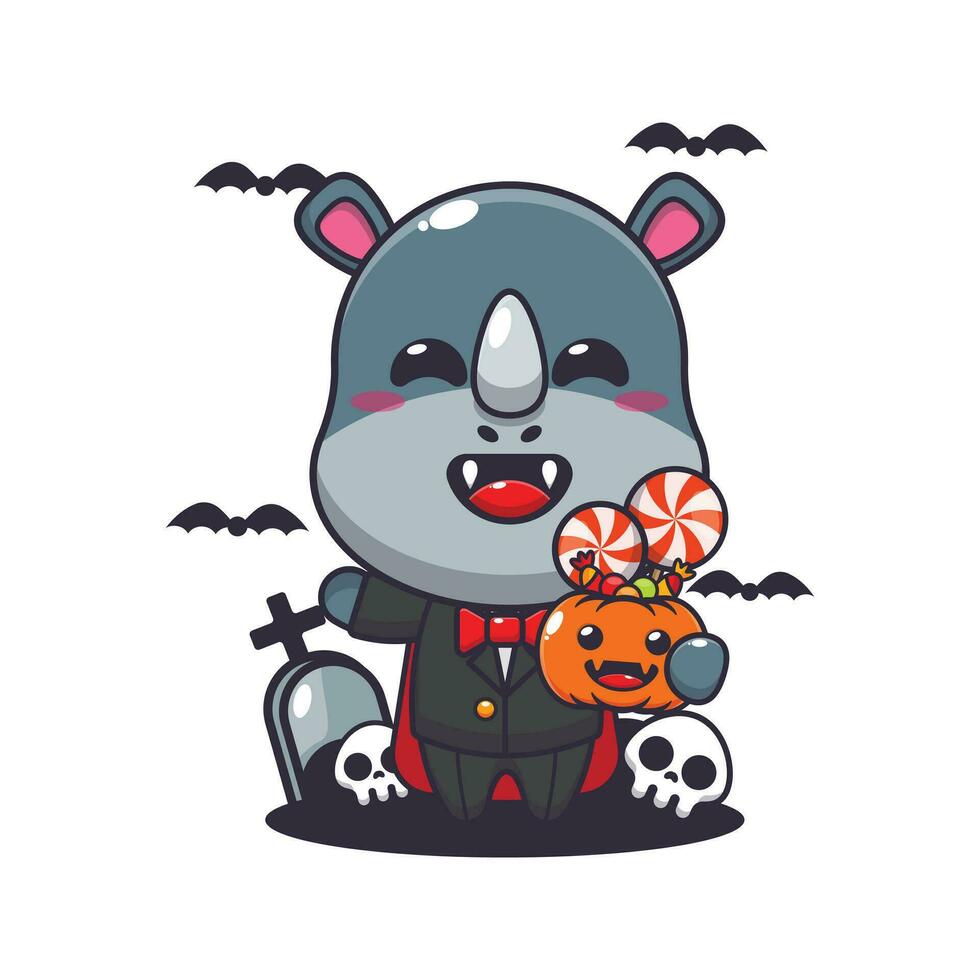 vampyr noshörning innehav halloween pumpa. söt halloween tecknad serie illustration. vektor