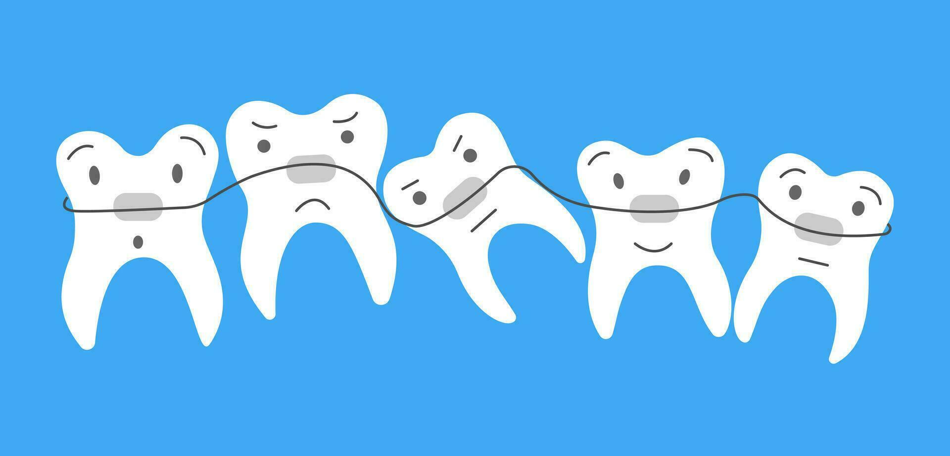 platt söt tänder med tandställning. dental behandling. oral hygien begrepp för barn för pediatrisk tandvård. tänder rengöring och förebyggande. vektor hand dra illustration