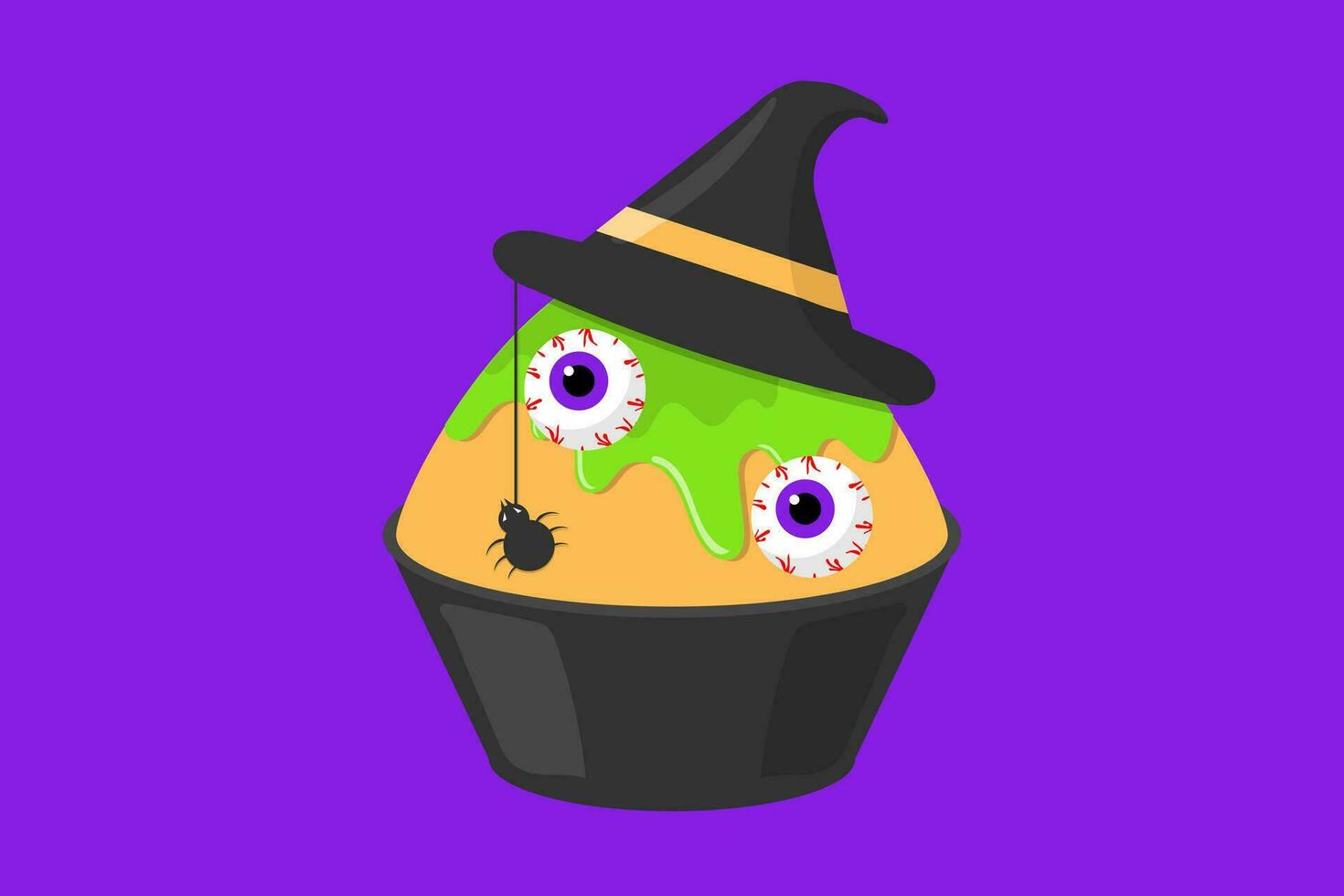 halloween mat och efterrätt begrepp. orange rakat is med grön sås med två mänsklig ögon, häxa hatt, och en svart Spindel garnering på ett lila bakgrund. vektor