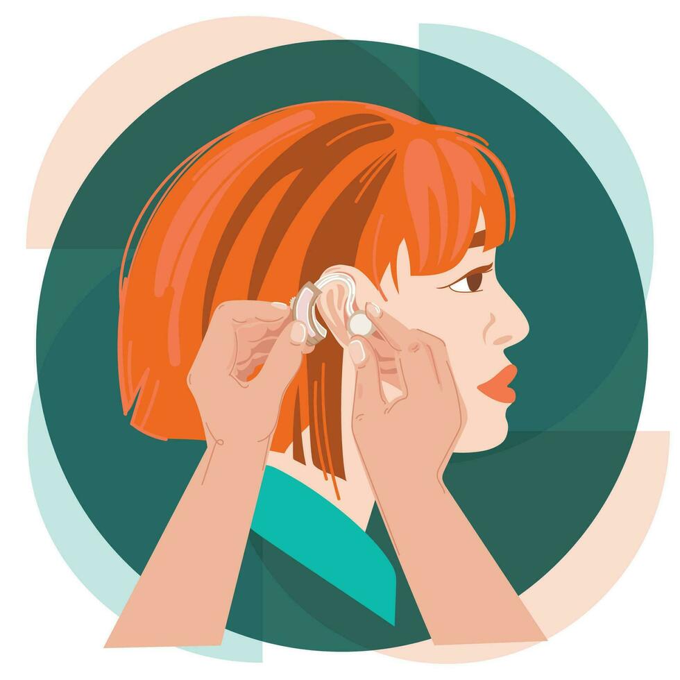 hörsel förlust koncept.läkares händer sätta en hörsel hjälpa på de öra vektor illustration.ung kvinna karaktär med hörsel systemet ikon, logotyp, affisch illustration design.