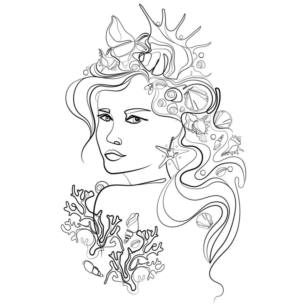 sjöjungfru med snäckskal och koraller i lång hår abstrakt porträtt i linjär stil vektor illustration. linje konst skön ansikte av fantastisk sjöjungfru kvinna med snäckskal svart och vit skiss teckning