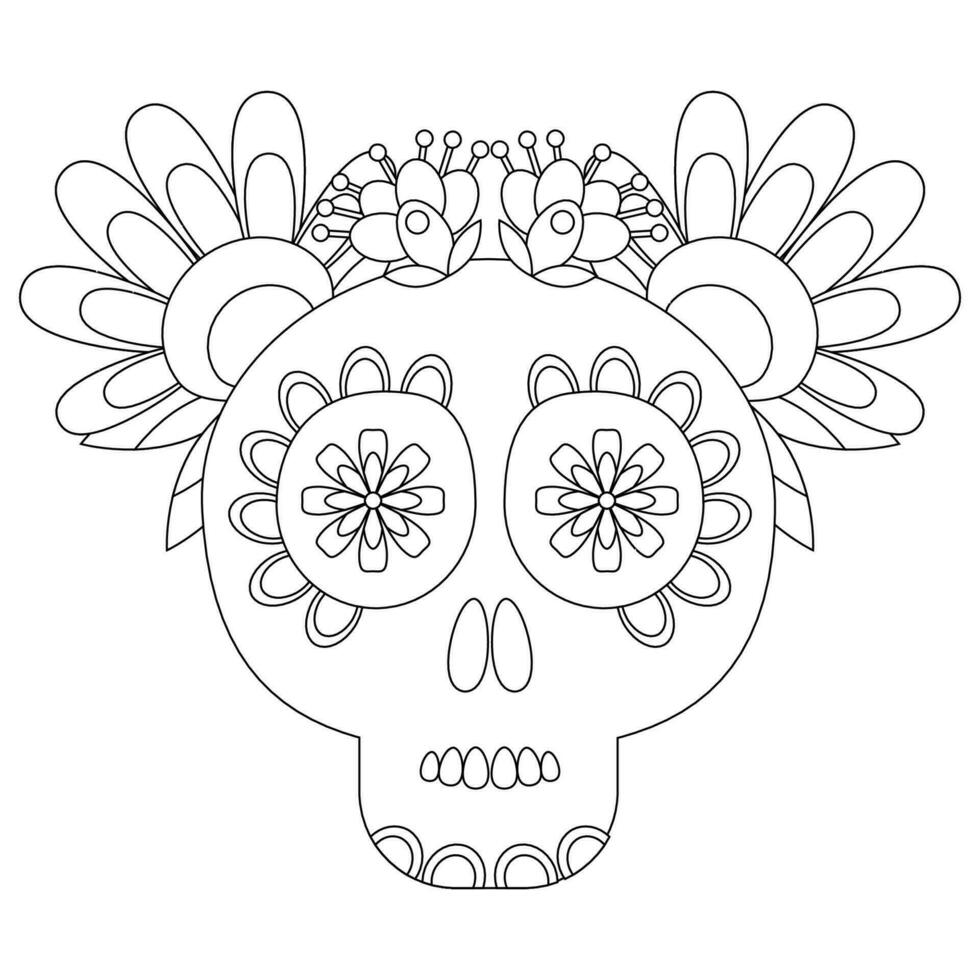 mexikansk socker skalle med blommor i svart översikt färg sida vektor
