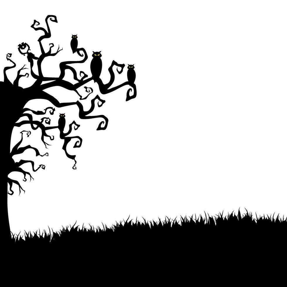 Halloween Illustration mit Silhouetten von Bäume, Eulen, Gras vektor