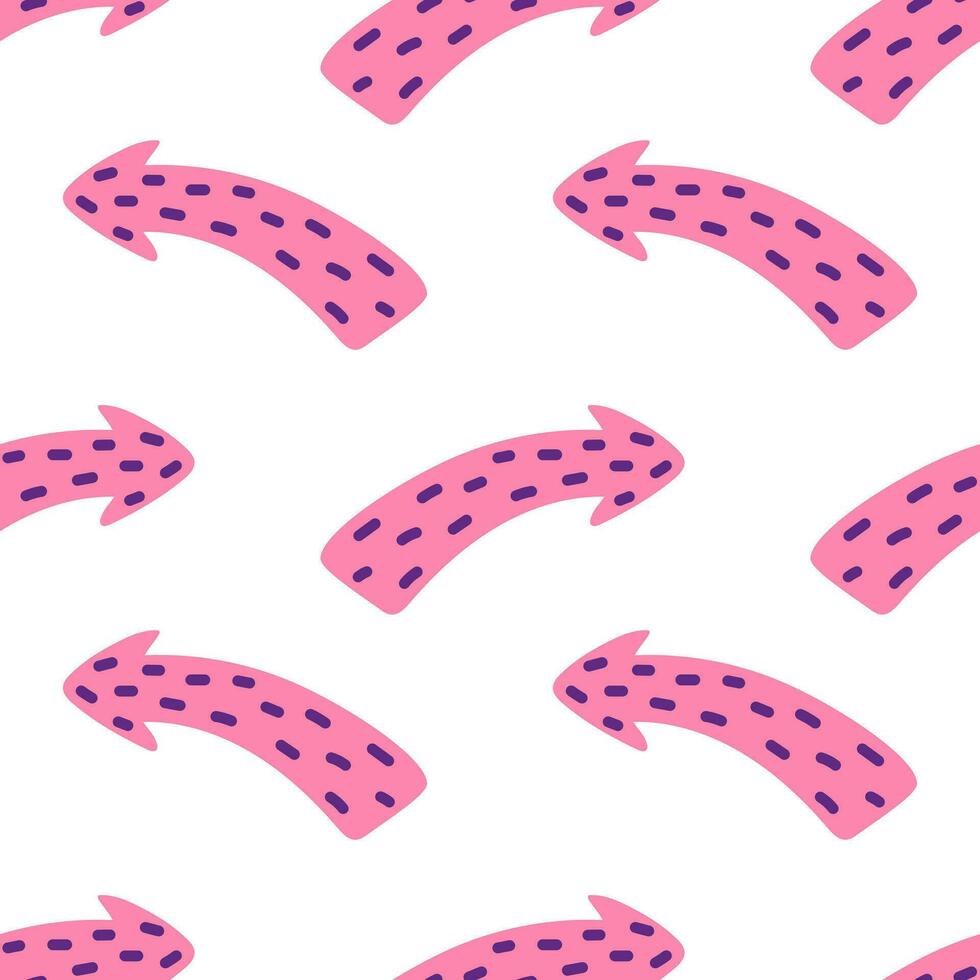 vektor sömlös mönster med färgrik tecknad serie lekfull rosa och lila fick syn på pil. abstrakt dynamisk pil på vit bakgrund. trendig barnslig texturerad pil med prickar mönster. omslag design.