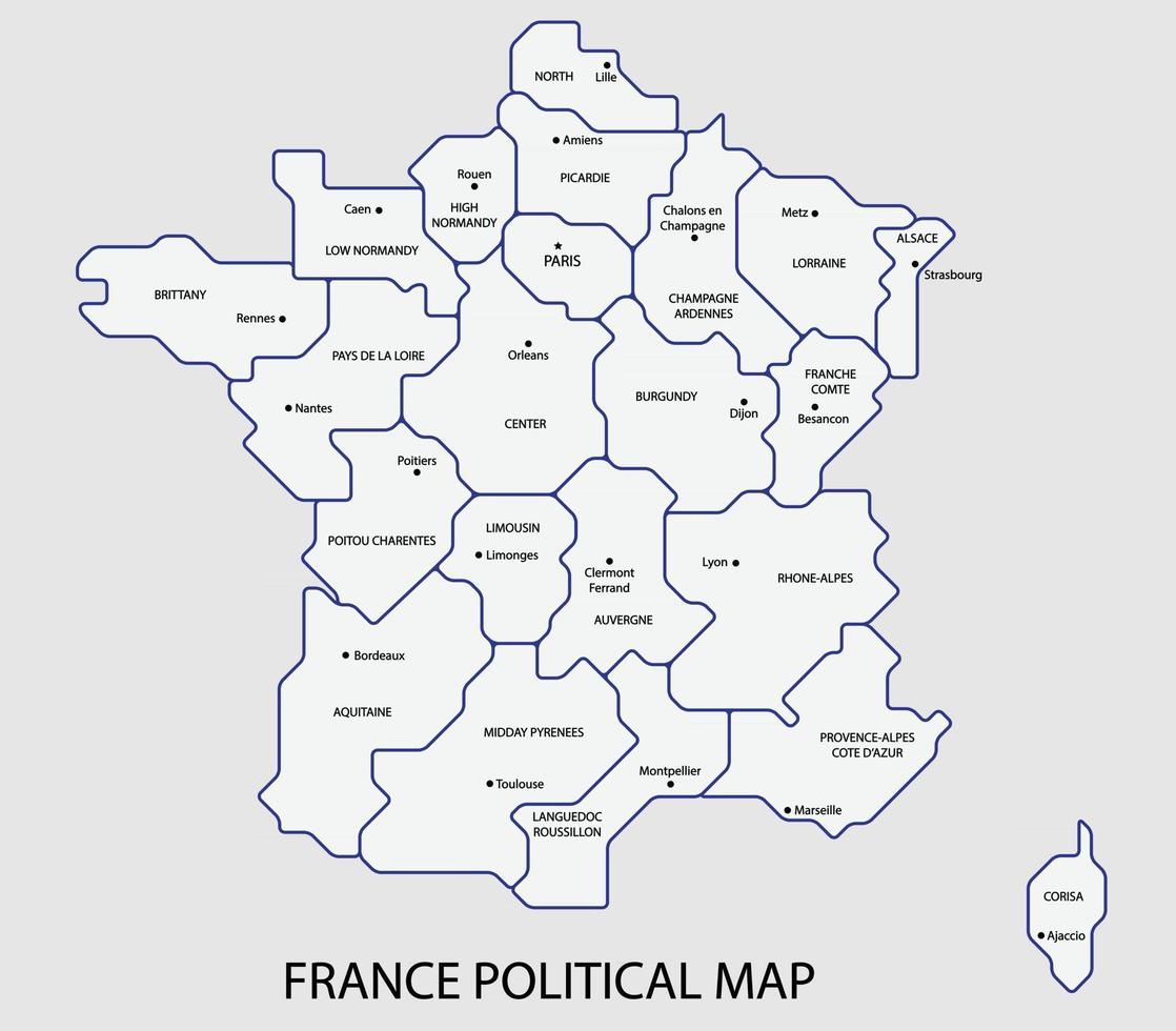 Frankreich politische Karte teilen durch staatliche bunte Umrisse Einfachheit Stil. vektor