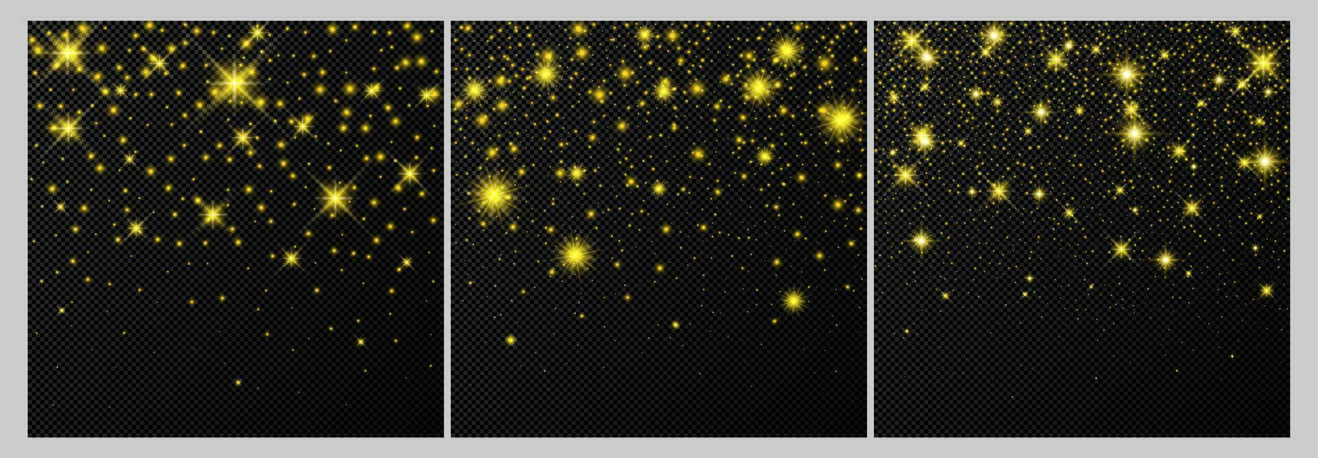 uppsättning av tre guld bakgrunder med stjärnor och damm pärlar isolerat på mörk bakgrund. fest magisk jul lysande ljus effekt. vektor illustration.