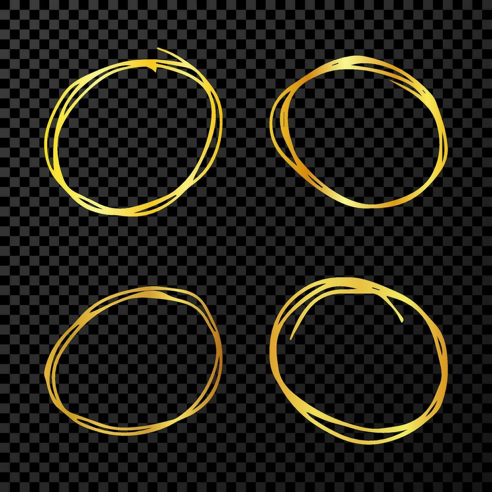 hand dragen klottra cirklar. uppsättning av fyra guld klotter runda cirkulär design element på mörk bakgrund. vektor illustration