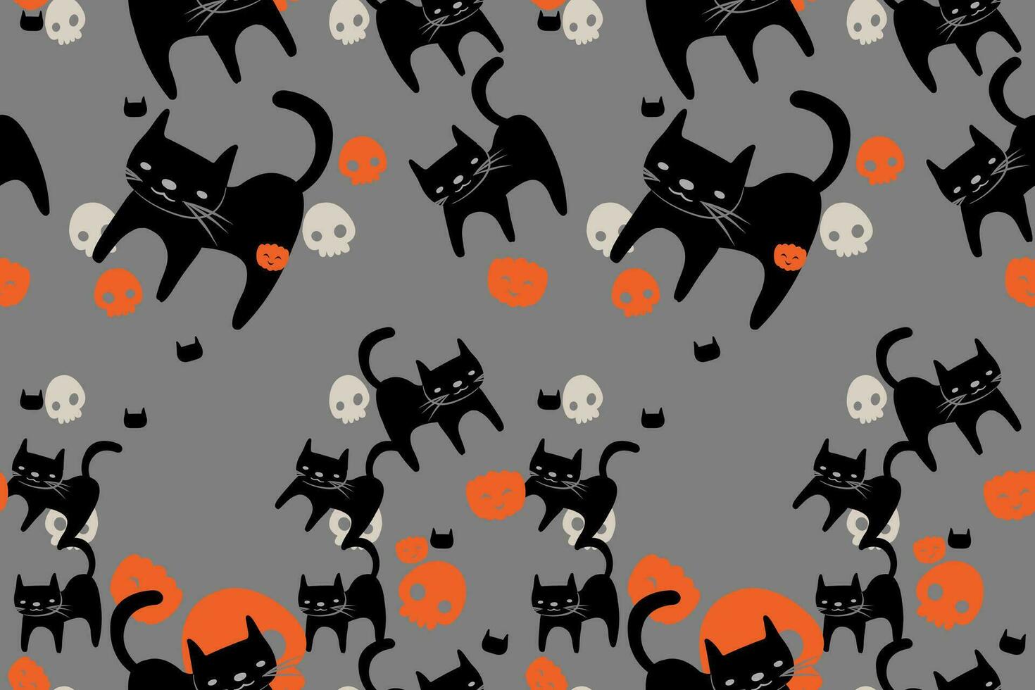 Halloween nahtlos Muster. Kritzeleien mit Halloween Elemente. Illustration mit Schädel, süß Karikatur schwarz Katze, und Kürbis zum Drucken oder Dekoration. Halloween Thema Hintergrund. vektor