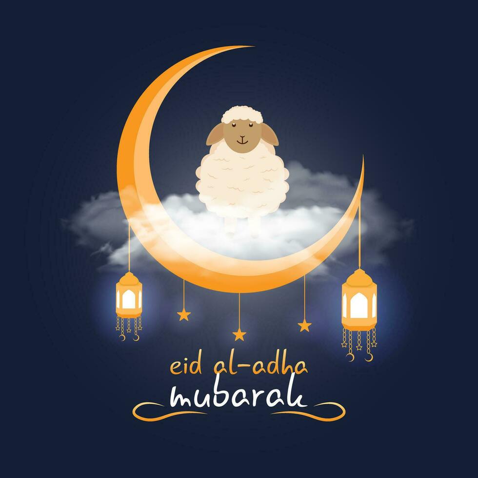 eid al Adha mubarak kort design. muslim gemenskap dag. moln, halvmåne och får vektor
