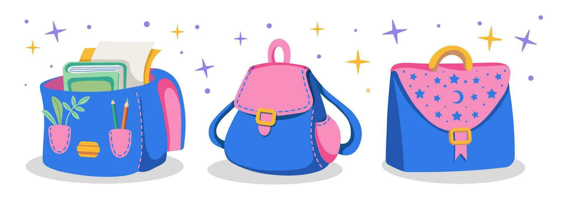 uppsättning av ryggsäckar i stil av 90-tal. skola Utrustning ikoner. rosa Färg. vektor platt illustration.