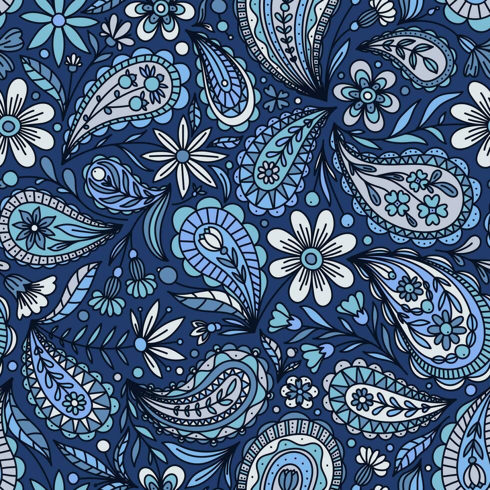 Blau Vektor nahtlos Hintergrund mit mehrfarbig Blumen- Paisley Ornament