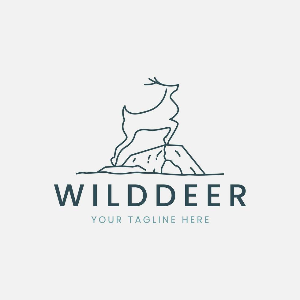 wild Hirsch Linie Kunst Logo Vektor mit Stein gegenüber Seite Illustration Vorlage Design