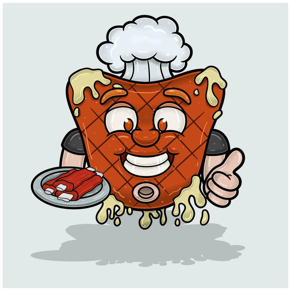 Maskottchen Karikatur von Fleisch Steak mit Fleisch im Teller und glücklich Gesicht. zum Essen, Fleisch, Grill und Rindfleisch Logo. vektor