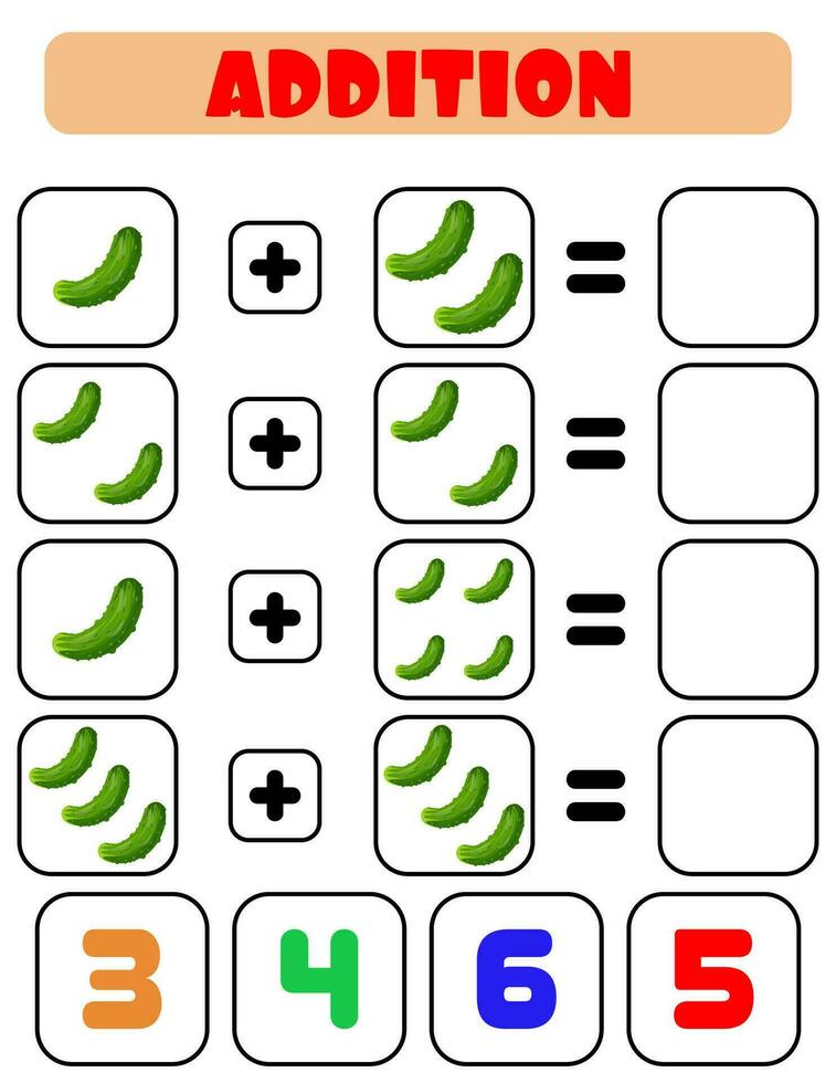 tillägg av gurkor. en uppgift för barn. pedagogisk utveckling ark. Färg aktivitet sida. en spel för barn. vektor