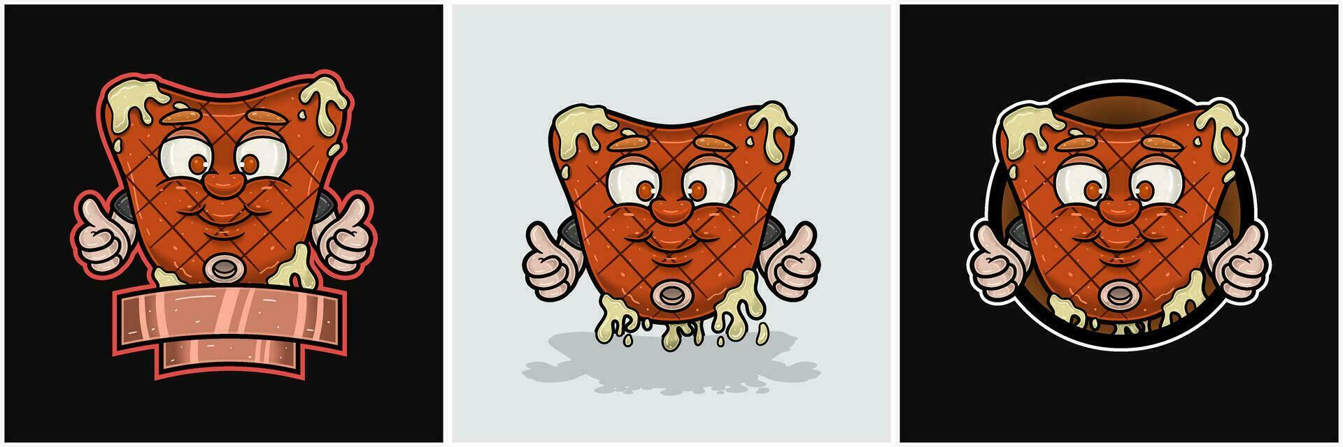 einstellen von Rindfleisch Steak Maskottchen Karikatur mit glücklich Lächeln Gesicht. zum Essen, Fleisch, Grill und Rindfleisch Logo. vektor