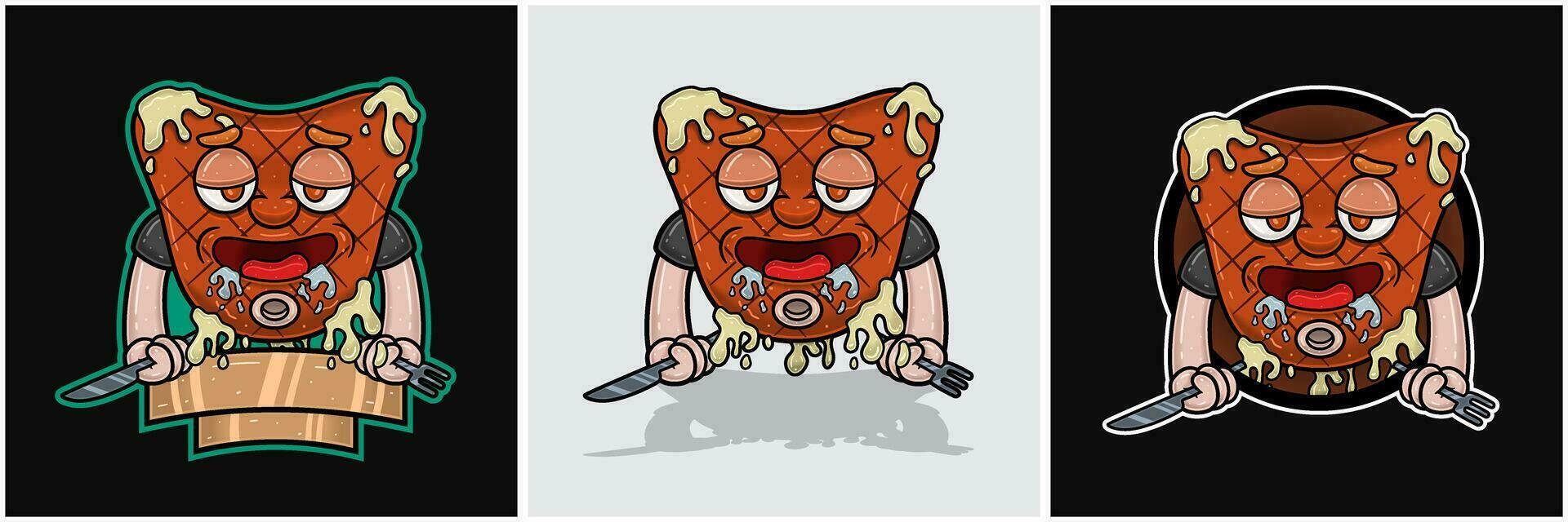 einstellen von Rindfleisch Steak Maskottchen Karikatur mit hungrig Gesicht, halten Messer und Gabel. zum Essen, Fleisch, Grill und Rindfleisch Logo. vektor