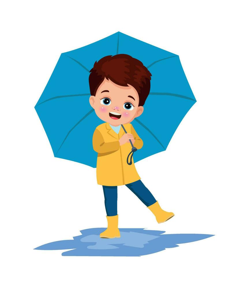 söt pojke bär en regnkappa innehav ett paraply vektor