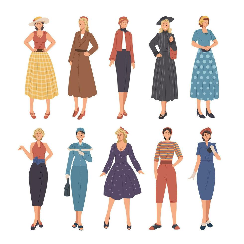 Jahrgang retro Mode Sammlung mit modisch Frauen im retro Stil vektor