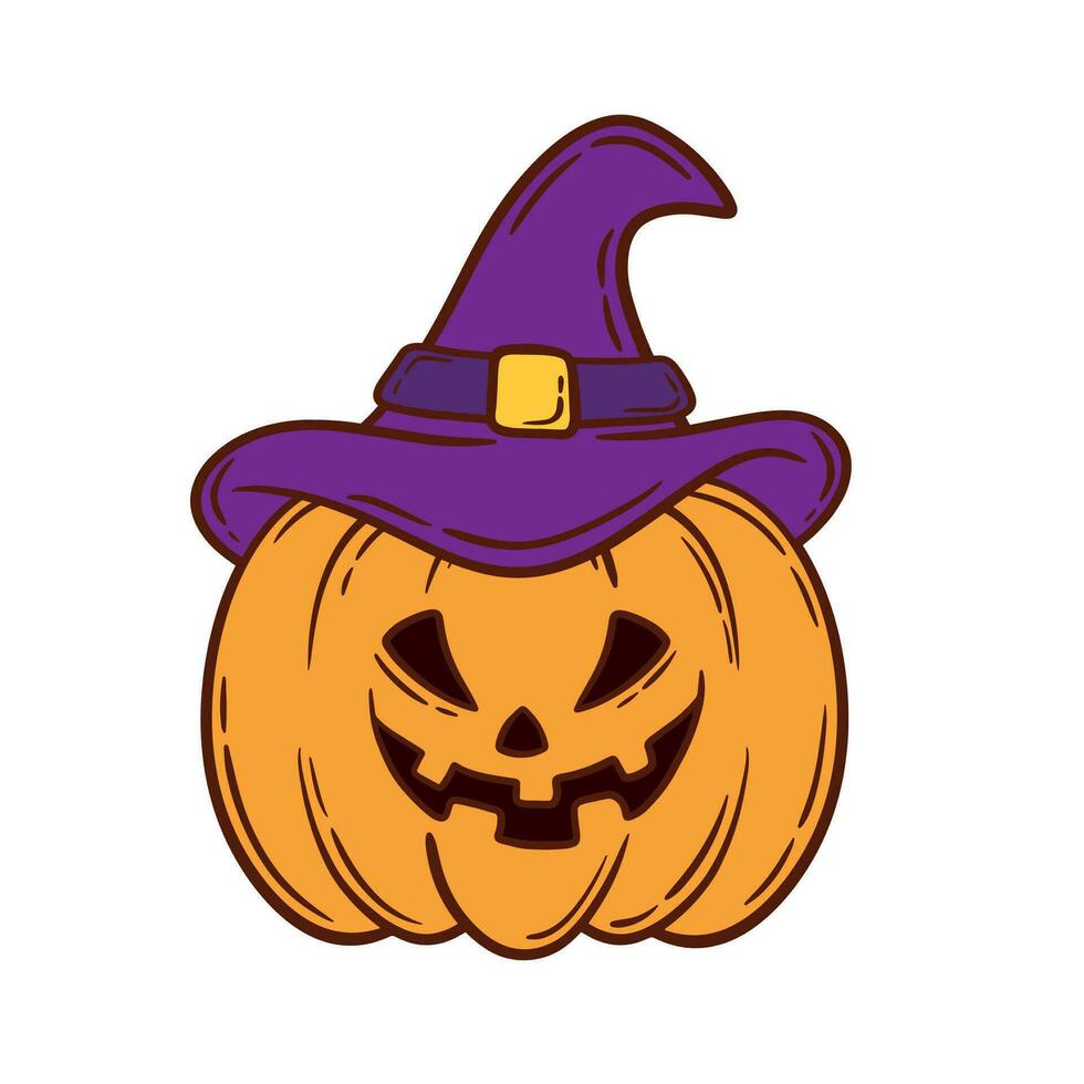 hand dragen halloween pumpa med häxa hatt klotter vektor illustration redigerbar Färg