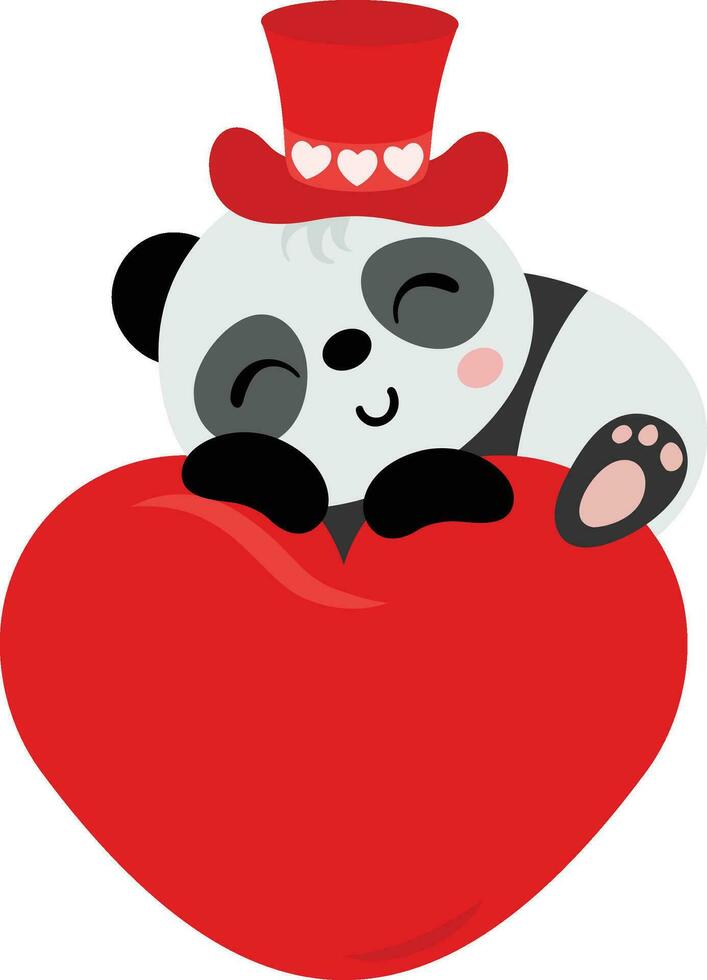 süß Panda mit rot Hut auf oben von groß rot Herz vektor