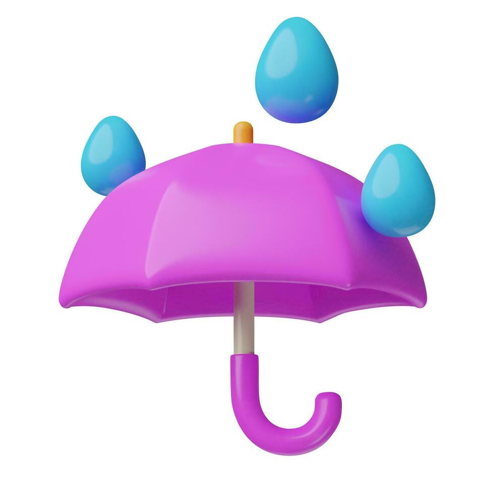paraply och regndroppar 3d ikon. glansig plast monsun och regnig väder tre dimensionell tecknad serie emoji. vektor illustration isolerat på vit bakgrund.