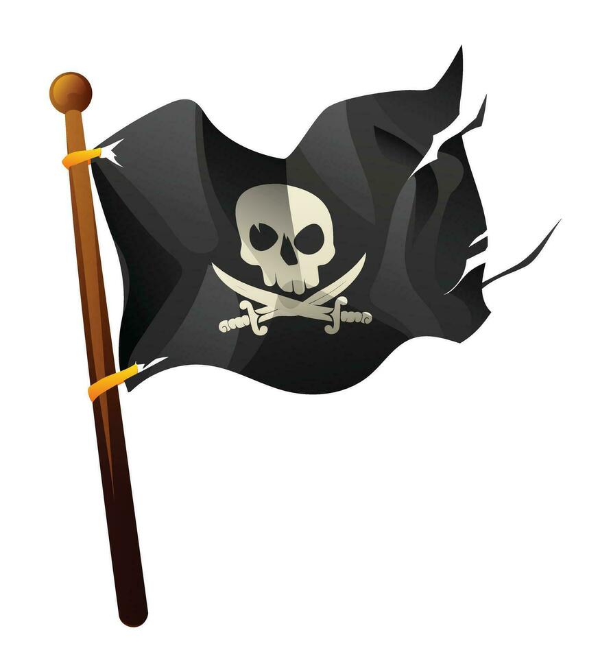 pirat flagga med skalle och korsade ben. trasig pirat flagga vektor tecknad serie illustration