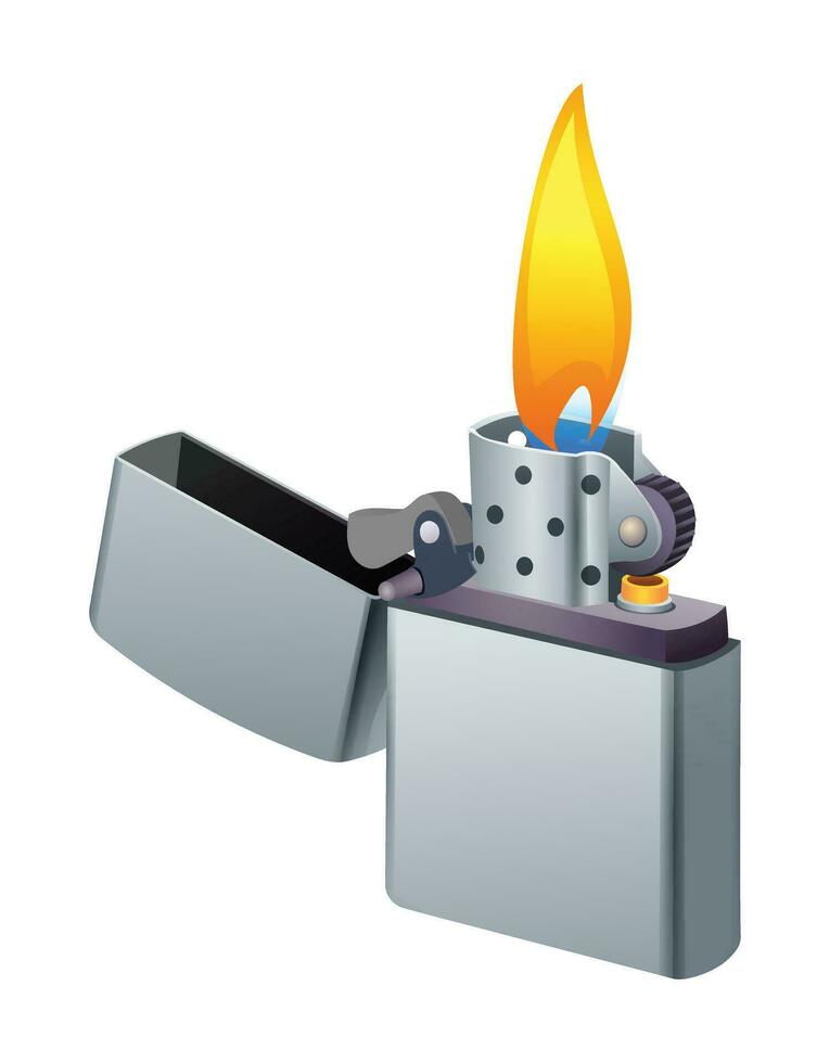 Metall Feuerzeug mit Verbrennung Flamme Vektor Illustration isoliert auf Weiß Hintergrund