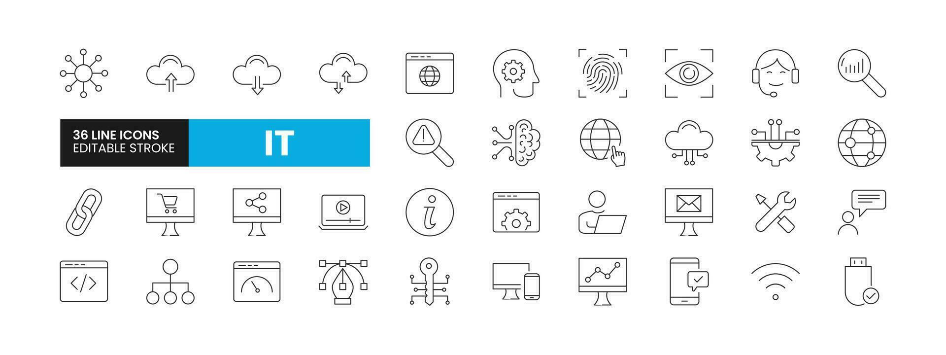 einstellen von 36 Information Technologie Linie Symbole Satz. es Gliederung Symbole mit editierbar Schlaganfall Sammlung. beinhaltet Computer, Verknüpfung Gebäude, Seite Optimierung, Analytik, Wolke Computing und mehr. vektor