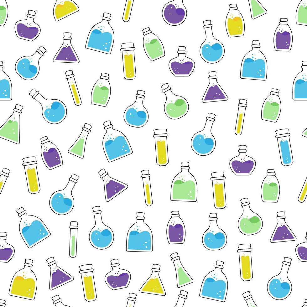 ein nahtlos von verschiedene Chemie Labor Trank Flaschen, Flasche und testen Tube mit chemisch Trank Flüssigkeit vektor