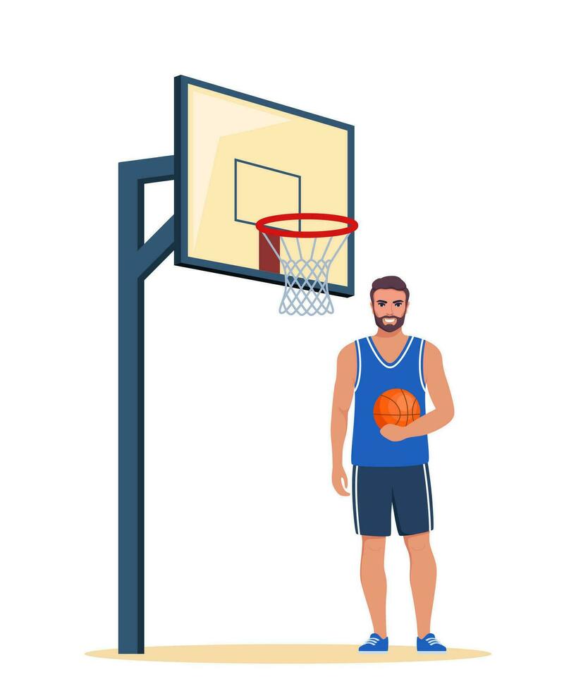 Lycklig man basketboll spelare i enhetlig med boll på de basketboll domstol. vektor illustration.