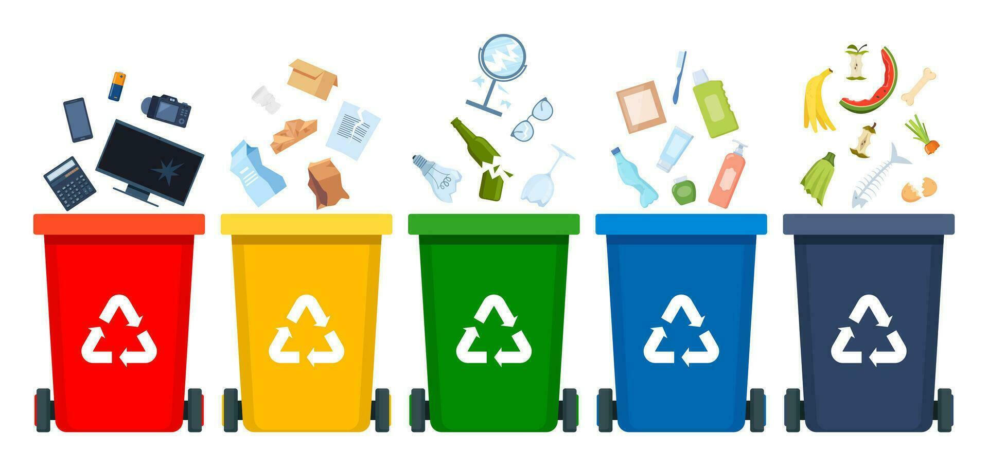 Müll Sortierung Satz. Behälter mit Recycling Symbole zum Elektroschrott, Plastik, Metall, Glas, Papier, organisch Müll. Vektor Illustration zum Null Abfall, Umgebung Schutz Konzept.
