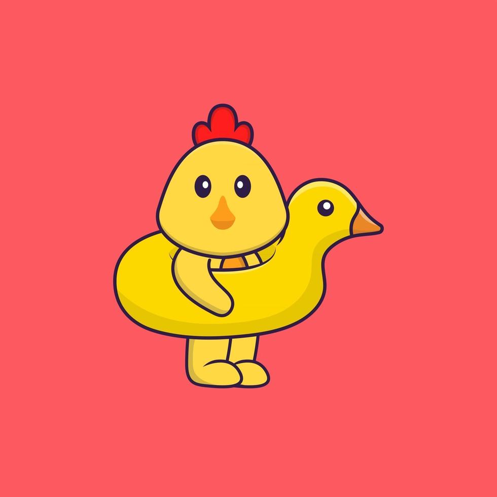 süßes Huhn mit Entenboje. Tierkarikaturkonzept isoliert. kann für T-Shirt, Grußkarte, Einladungskarte oder Maskottchen verwendet werden. flacher Cartoon-Stil vektor