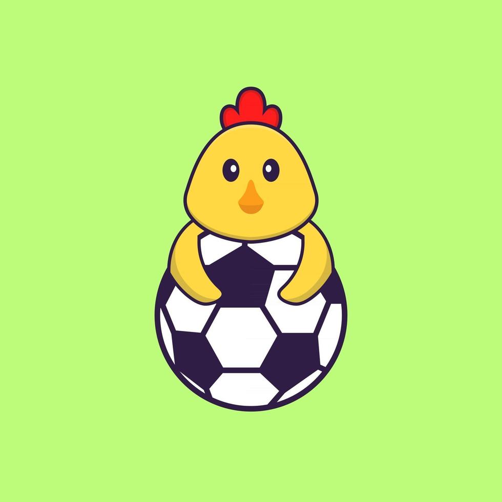 süßes Huhn, das Fußball spielt. Tierkarikaturkonzept isoliert. kann für T-Shirt, Grußkarte, Einladungskarte oder Maskottchen verwendet werden. flacher Cartoon-Stil vektor