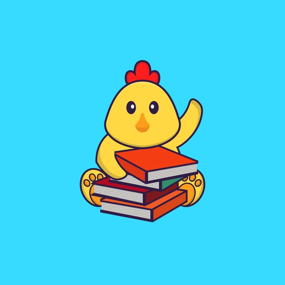 süßes Huhn, das ein Buch liest. Tierkarikaturkonzept isoliert. kann für T-Shirt, Grußkarte, Einladungskarte oder Maskottchen verwendet werden. flacher Cartoon-Stil vektor