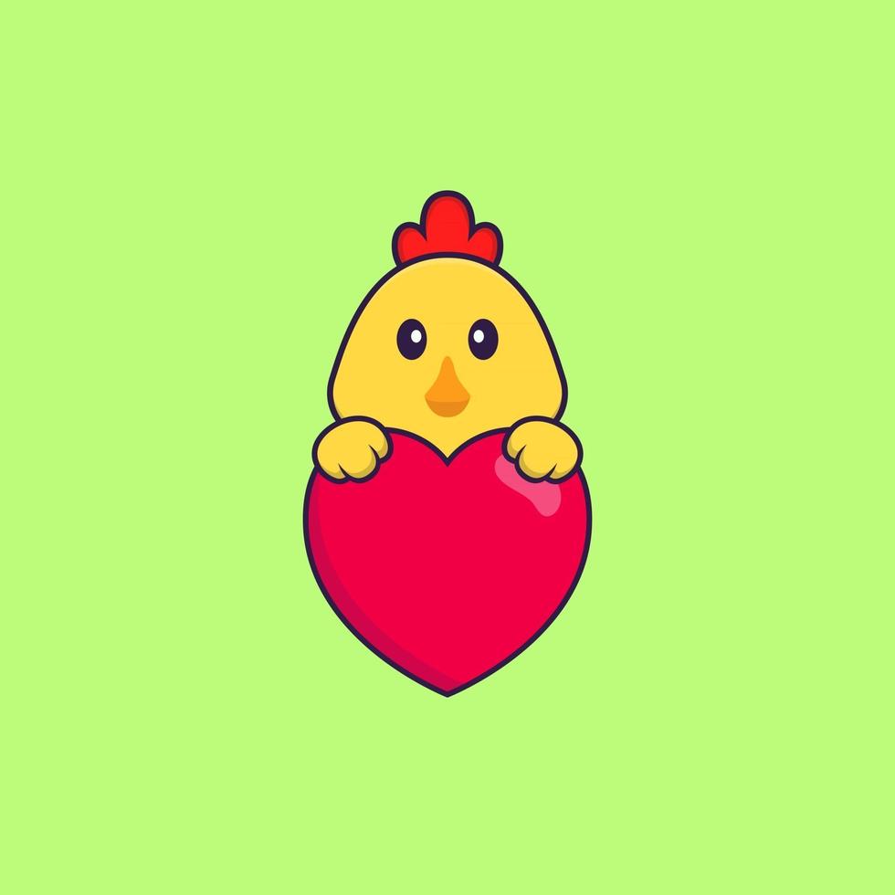 süßes Huhn mit einem großen roten Herzen. Tierkarikaturkonzept isoliert. kann für T-Shirt, Grußkarte, Einladungskarte oder Maskottchen verwendet werden. flacher Cartoon-Stil vektor