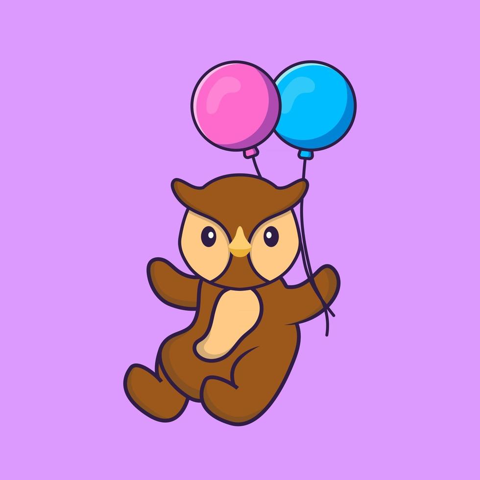 Süße Eule, die mit zwei Ballons fliegt. Tierkarikaturkonzept isoliert. kann für T-Shirt, Grußkarte, Einladungskarte oder Maskottchen verwendet werden. flacher Cartoon-Stil vektor