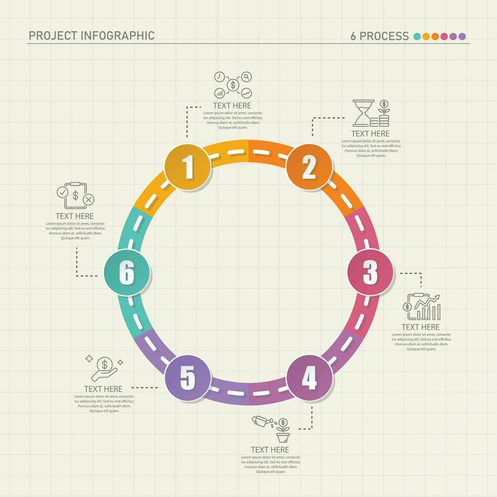 Straße Weg Infografik Kreis von 6 Schritte und Geschäft Symbole zum Finanzen Prozess Schritte. vektor