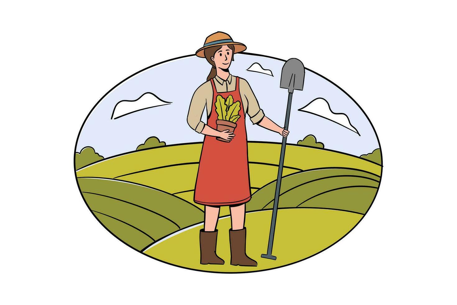 Vektor Illustration weiblich Farmer Arbeiten auf ein Bauernhof. Pflanzen Bäume, Aussaat, Konzept von Landwirtschaft
