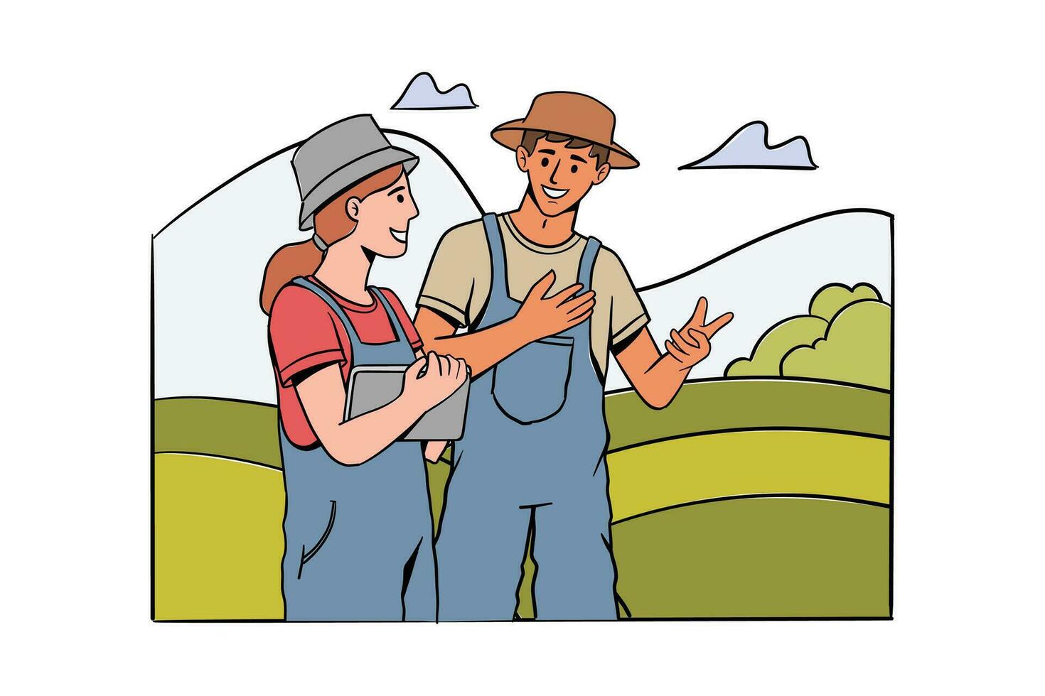 Clever Landwirtschaft Konzept Illustration. Farmer mit Tablette Überwachung Feld Zustand. Farmer Verwaltung seine industriell Bauernhof mit ein App auf ein Tablette vektor