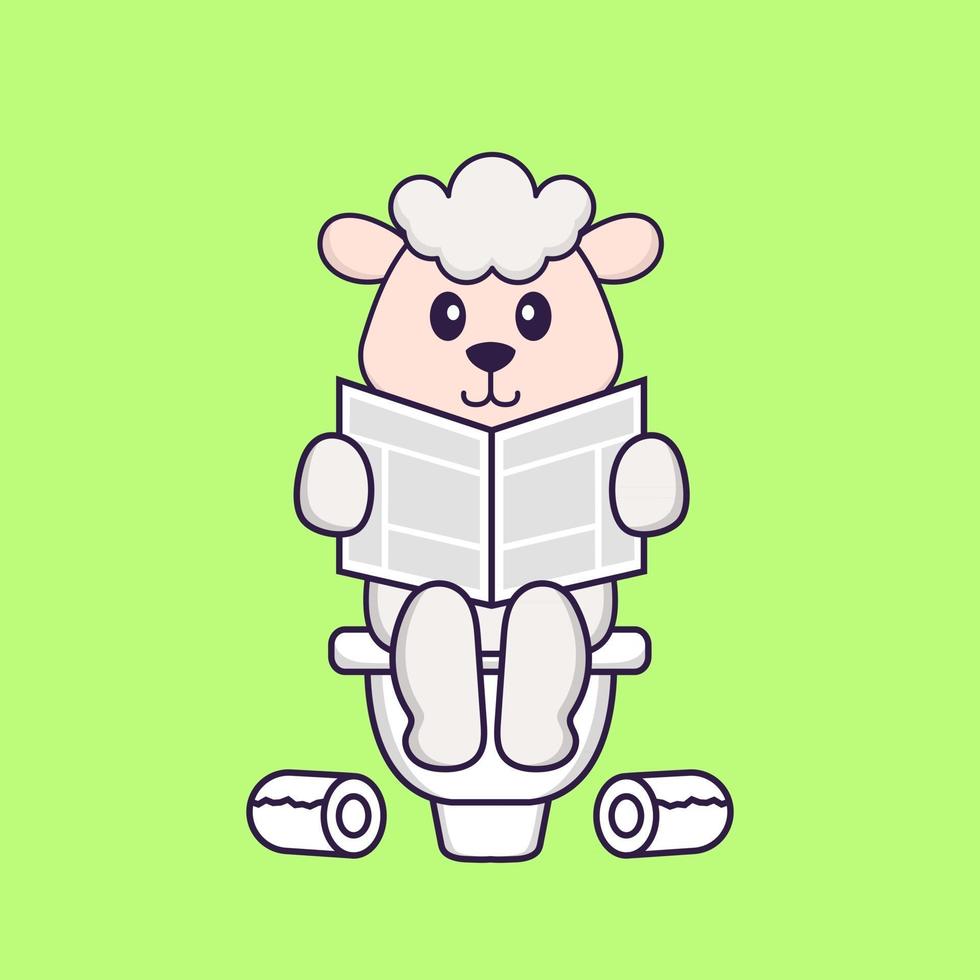 Süße Schafe, die auf Toilette kacken und Zeitung lesen. Tierkarikaturkonzept isoliert. kann für T-Shirt, Grußkarte, Einladungskarte oder Maskottchen verwendet werden. flacher Cartoon-Stil vektor