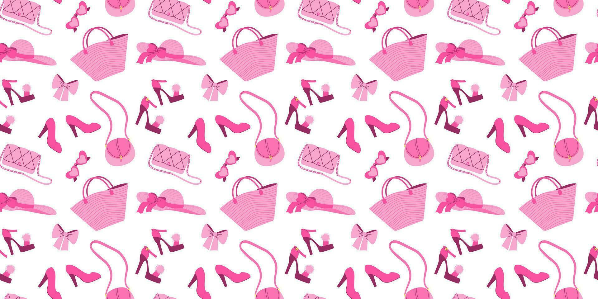 sömlös mönster med glamorös trendig rosa hatt, väska, solglasögon, skor. platt vektor illustration på vit bakgrund. nostalgisk rosa kärna 2000-talet stil samling. valentines dag.