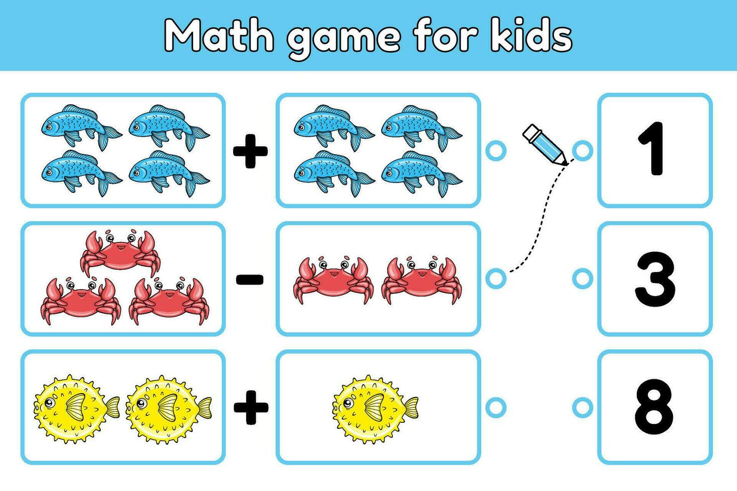 lehrreich Kinder Spiel mit Karikatur Ozean Fische und Krabben. lösen ein Mathematik Frage und wählen richtig Nummer. Übung zum Ausbildung Zusatz Fähigkeiten. Zählen Arbeitsblatt zum Bildung Kinder. Vektor. vektor