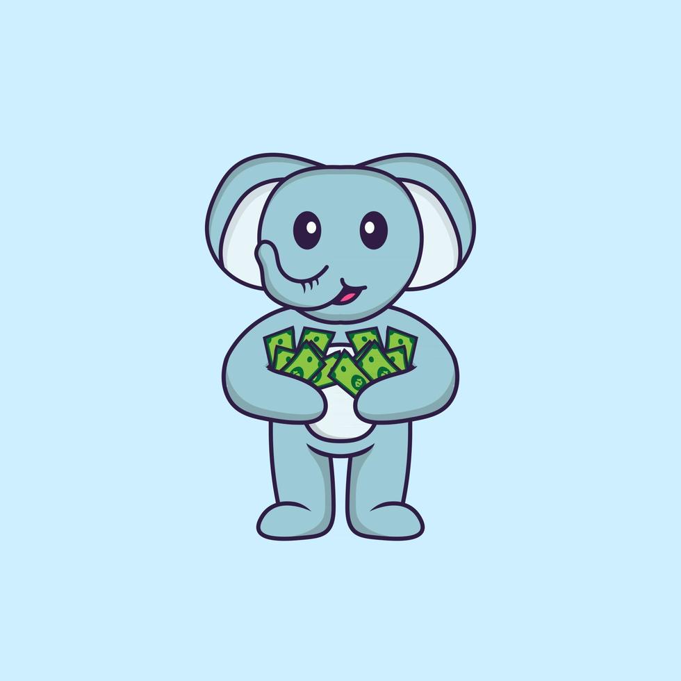 süßer Elefant, der Geld hält. Tierkarikaturkonzept isoliert. kann für T-Shirt, Grußkarte, Einladungskarte oder Maskottchen verwendet werden. flacher Cartoon-Stil vektor