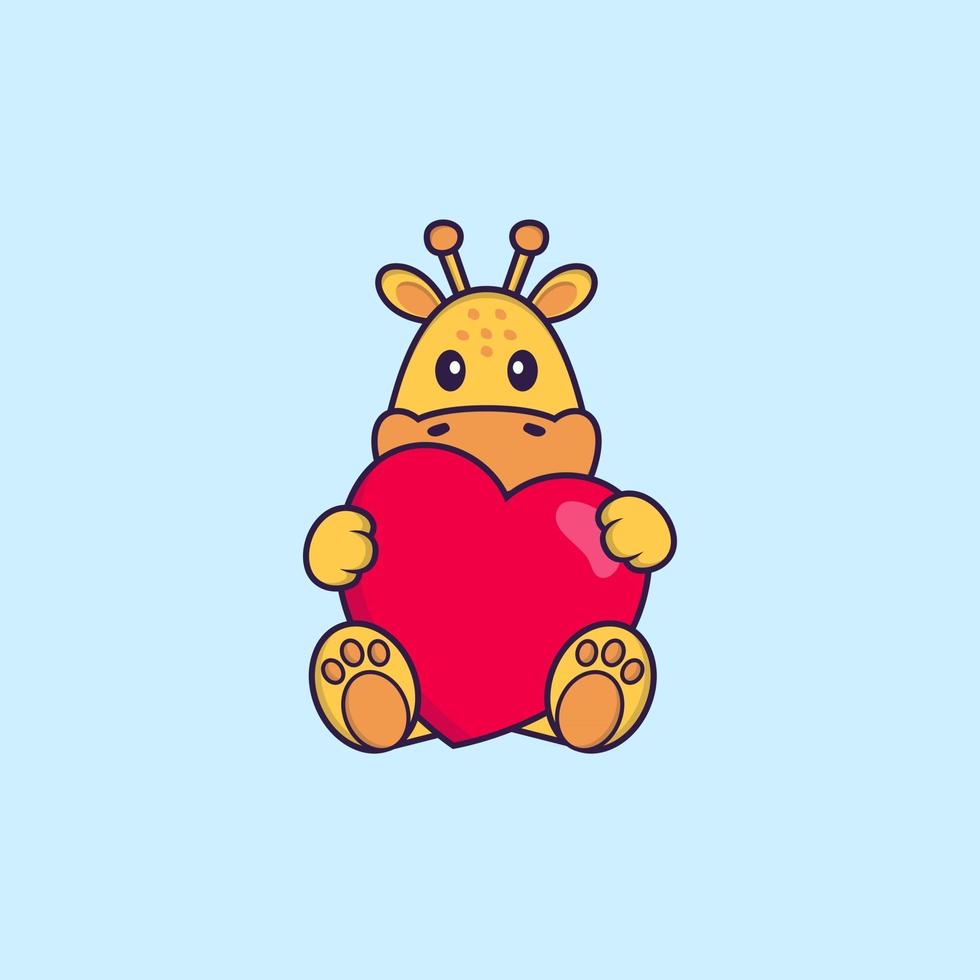 söt giraff som håller ett stort rött hjärta. djur tecknad koncept isolerad. kan användas för t-shirt, gratulationskort, inbjudningskort eller maskot. platt tecknad stil vektor