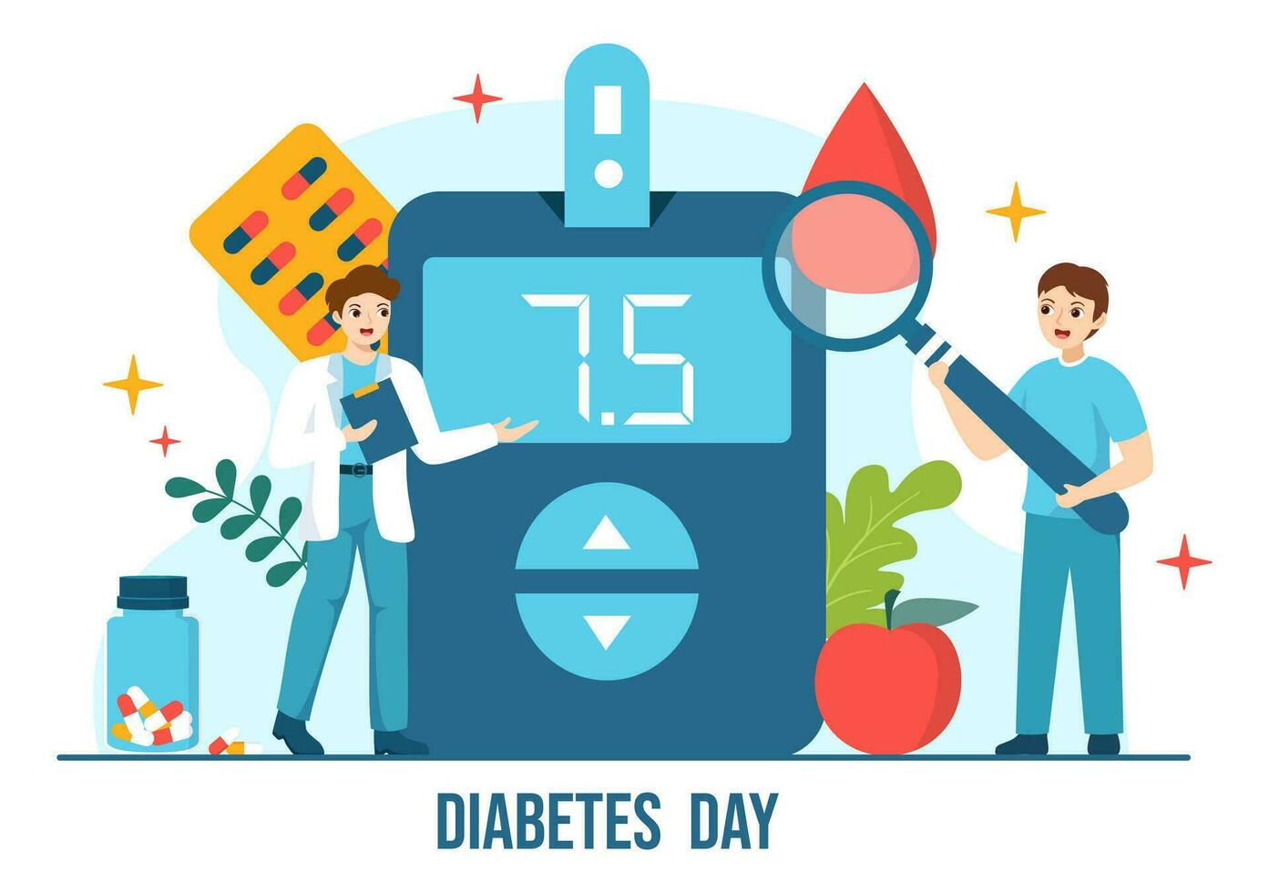 värld diabetes dag vektor illustration på 14 november med doktorer testning blod för glukos och mätning socker i platt tecknad serie bakgrund design